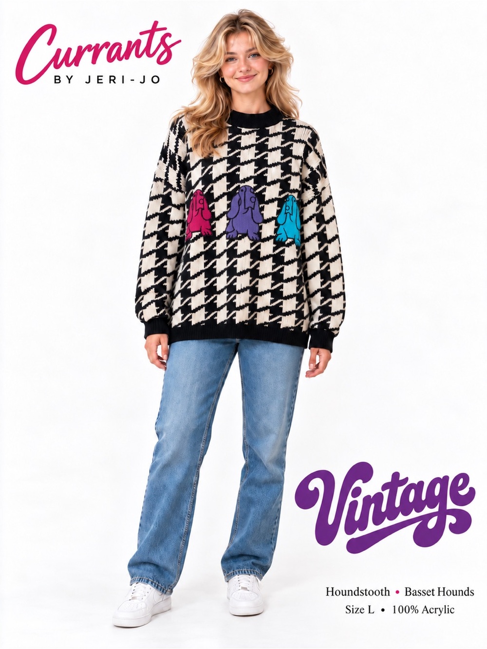 Currants by Jeri-Jo Black and White Houndstooth Sweater Basset hounds dogs